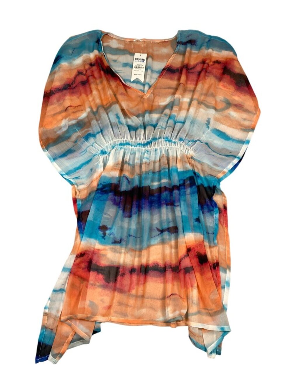 Cruise Club Cinch Cover-Up Printed Kaftan Watercolor Design Elastic Waistline OS